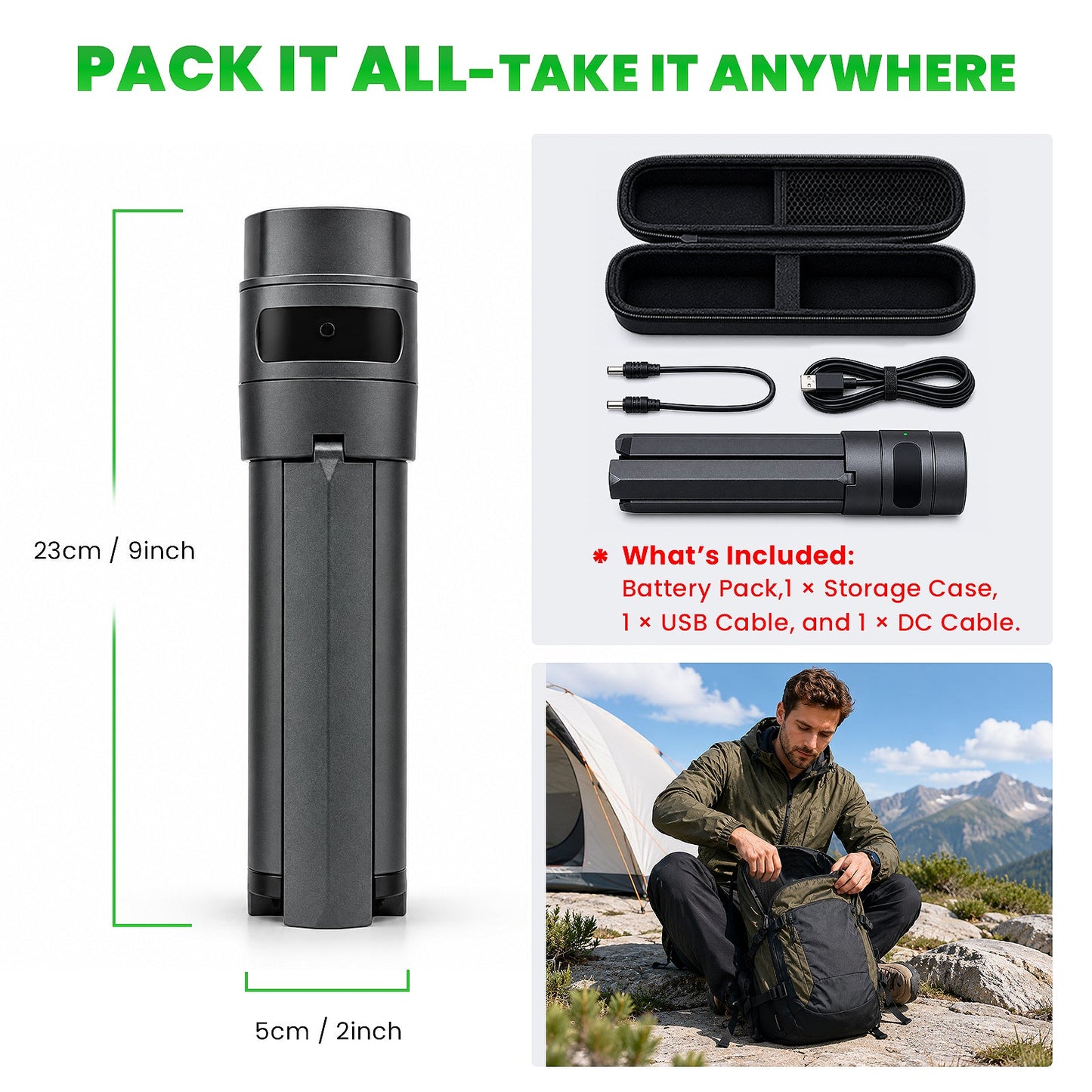 Portable 27000mAh battery stand with storage case, USB cable, and DC cable