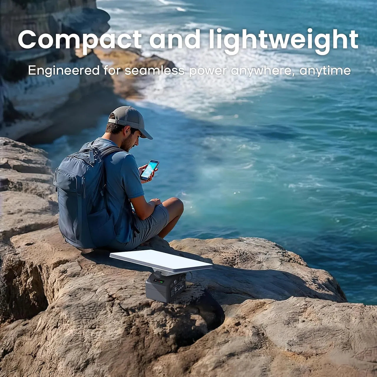 Compact LinkCore battery powering Starlink Mini beside a hiker on a rocky coast